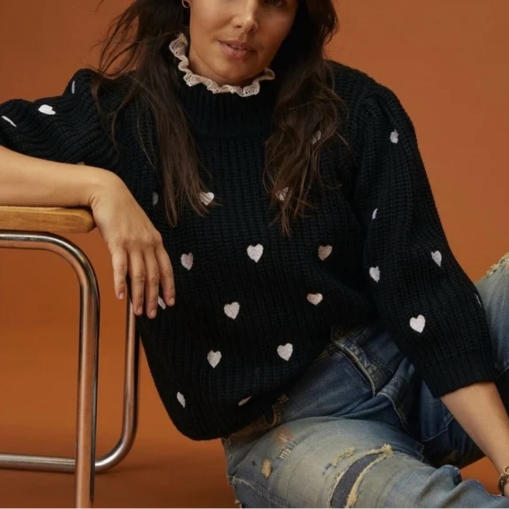 Anthropologie Black Sweater with White Heart Accents